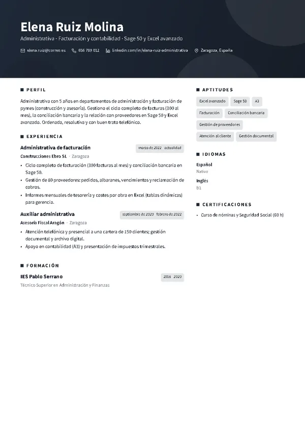 Ejemplo de currículum de administrativo/a con la plantilla Horizonte