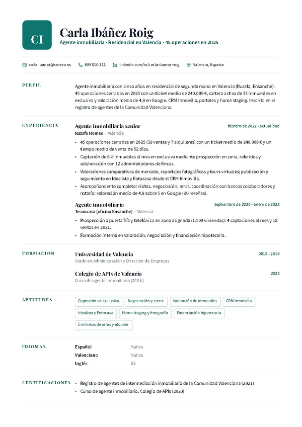 Ejemplo de currículum de agente inmobiliario/a con la plantilla Monograma