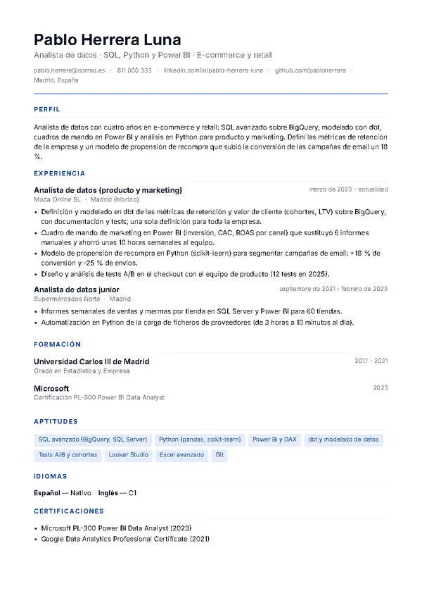 Ejemplo de currículum de analista de datos con la plantilla Minimal