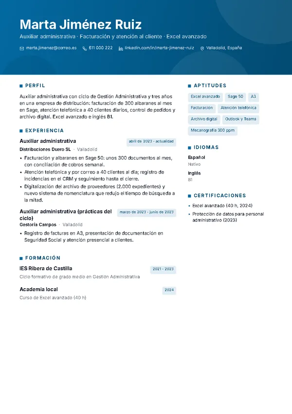 Ejemplo de currículum de auxiliar administrativo/a con la plantilla Horizonte