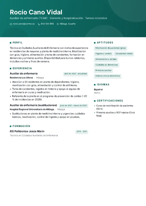 Ejemplo de currículum de auxiliar de enfermería (TCAE) con la plantilla Horizonte