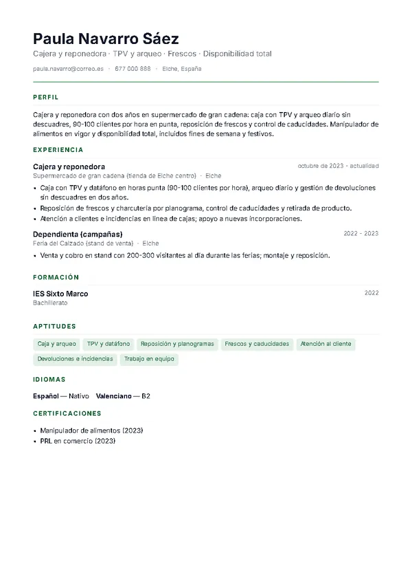 Ejemplo de currículum de cajero/a de supermercado con la plantilla Minimal