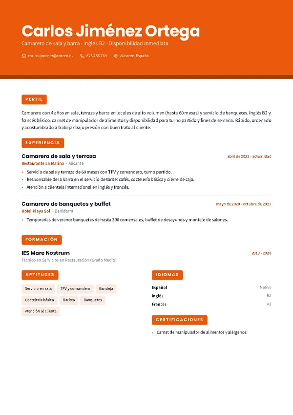 Ejemplo de currículum de camarero/a con la plantilla Bloque