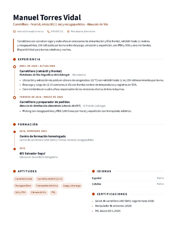 Ejemplo de currículum de carretillero/a con la plantilla Cronos