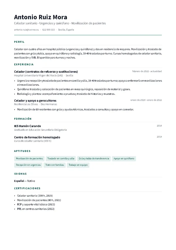Ejemplo de currículum de celador/a con la plantilla Minimal