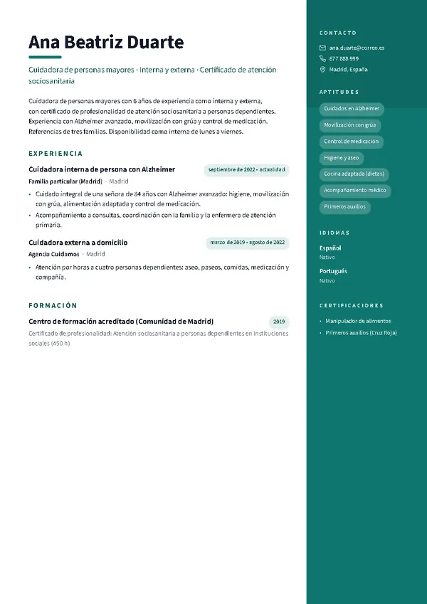 Ejemplo de currículum de cuidador/a de mayores con la plantilla Lateral