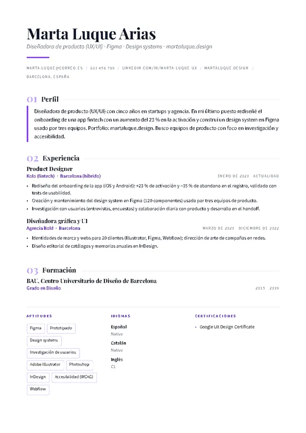 Ejemplo de currículum de diseñador/a con la plantilla Editorial