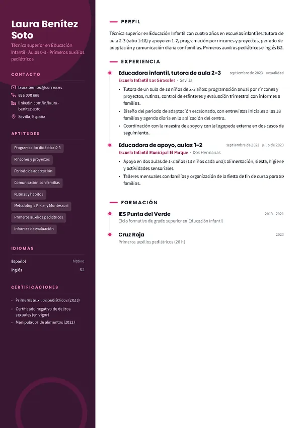 Ejemplo de currículum de educador/a infantil con la plantilla Aurora