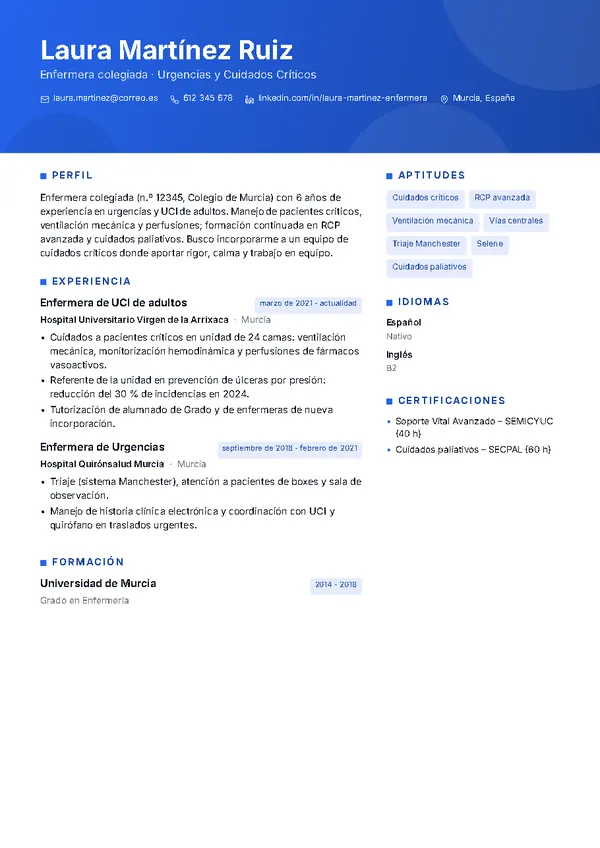 Ejemplo de currículum de enfermería con la plantilla Horizonte