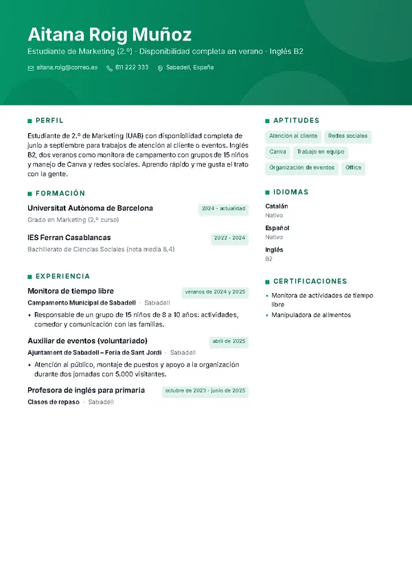 Ejemplo de currículum de estudiantes (primer trabajo) con la plantilla Horizonte