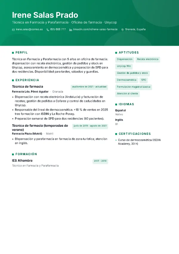 Ejemplo de currículum de técnico/a de farmacia con la plantilla Horizonte