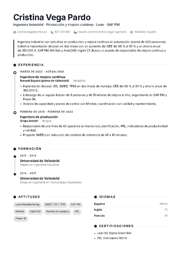 Ejemplo de currículum de ingeniero/a con la plantilla Cronos