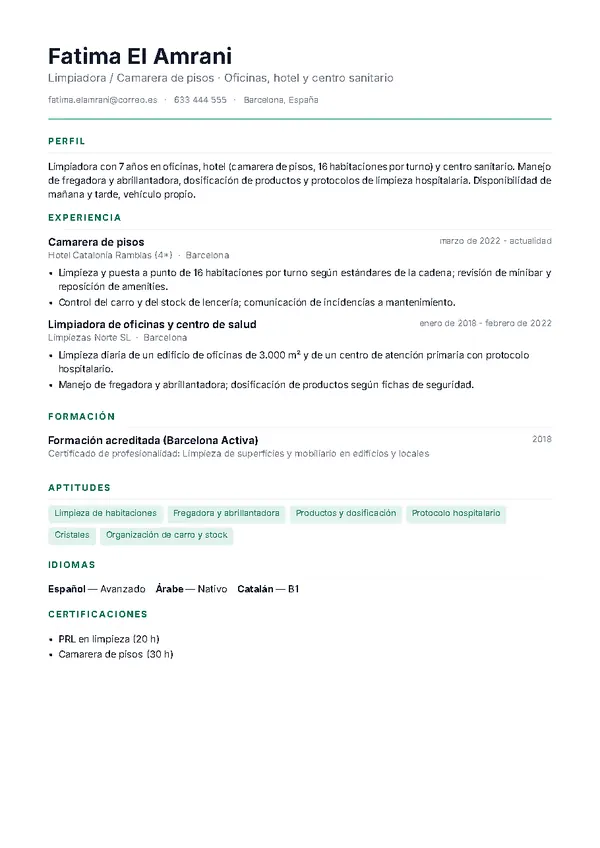 Ejemplo de currículum de limpieza con la plantilla Minimal