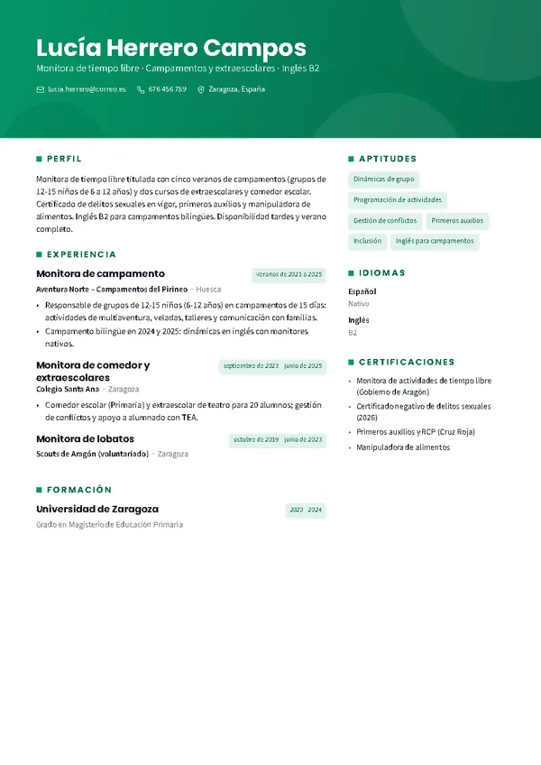 Ejemplo de currículum de monitor/a de tiempo libre con la plantilla Horizonte