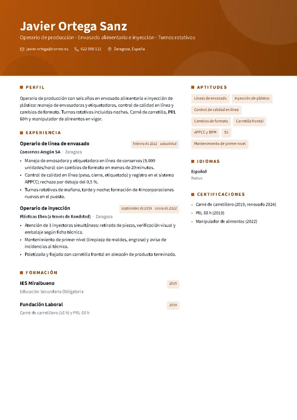 Ejemplo de currículum de operario/a de producción con la plantilla Horizonte