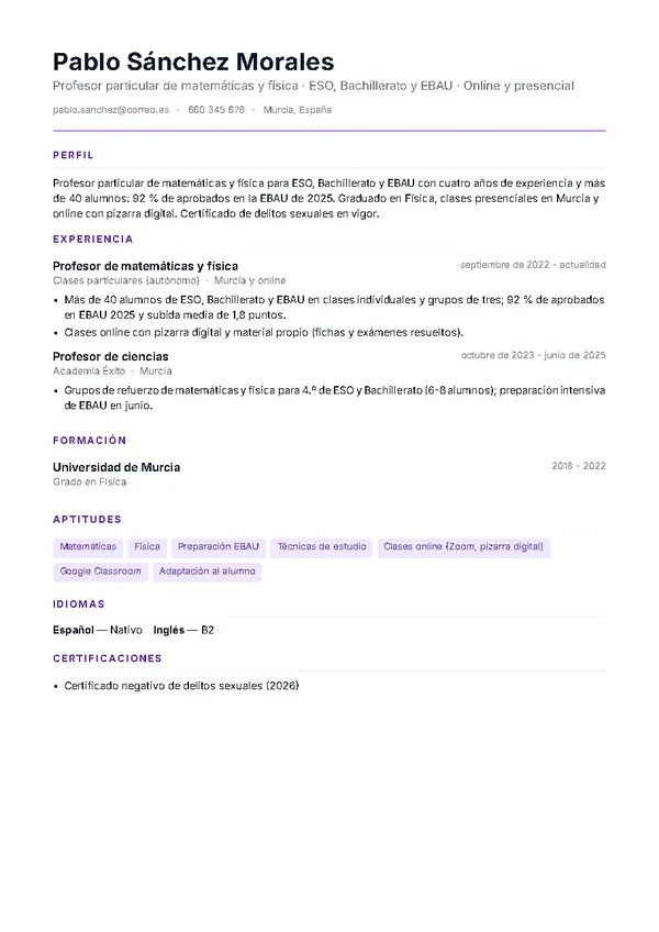 Ejemplo de currículum de profesor/a particular con la plantilla Minimal