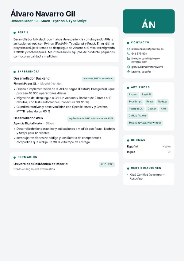 Ejemplo de currículum de programador/a con la plantilla Mosaico