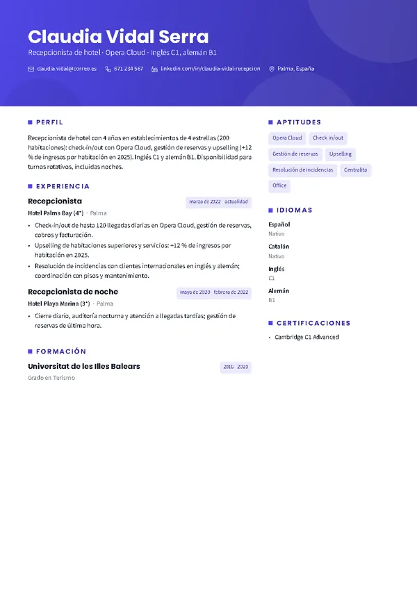 Ejemplo de currículum de recepcionista con la plantilla Horizonte