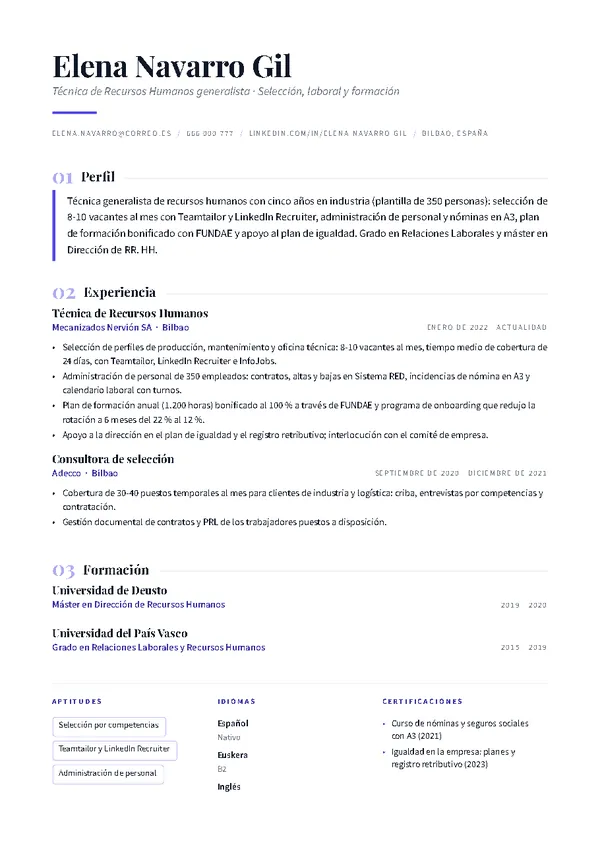 Ejemplo de currículum de técnico/a de recursos humanos con la plantilla Editorial