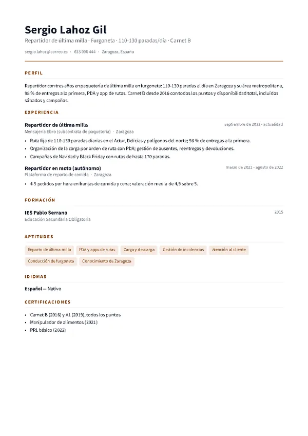 Ejemplo de currículum de repartidor/a con la plantilla Minimal
