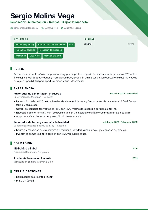 Ejemplo de currículum de reponedor/a con la plantilla Prisma