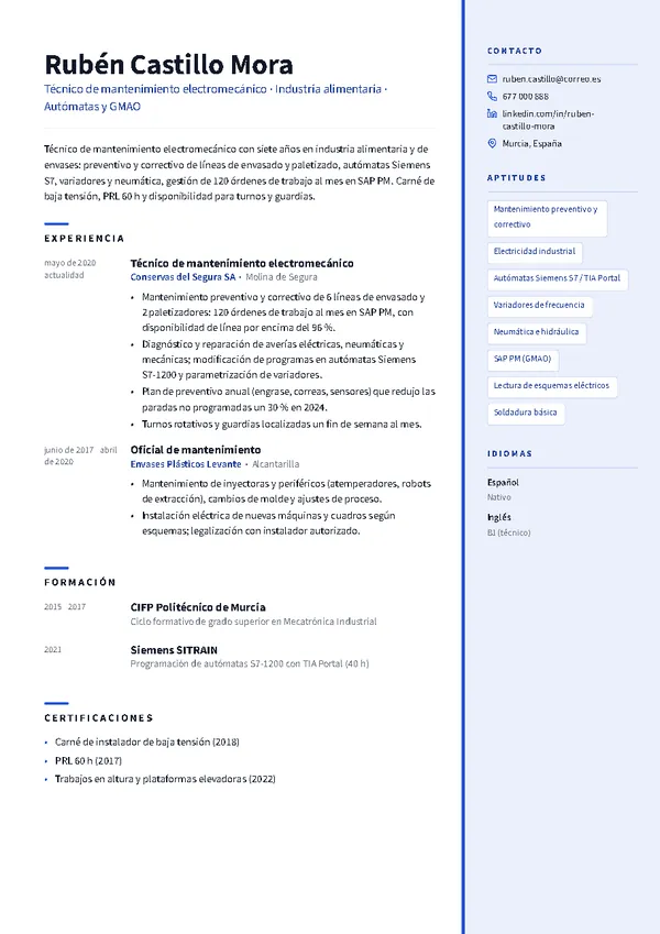Ejemplo de currículum de técnico/a de mantenimiento con la plantilla Atlas