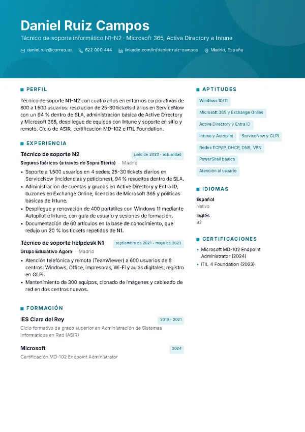 Ejemplo de currículum de técnico/a de soporte informático con la plantilla Horizonte