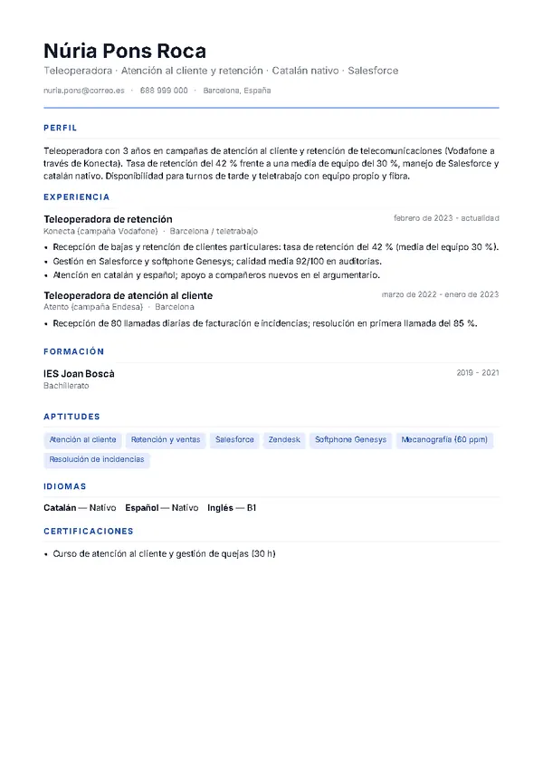 Ejemplo de currículum de teleoperador/a con la plantilla Minimal