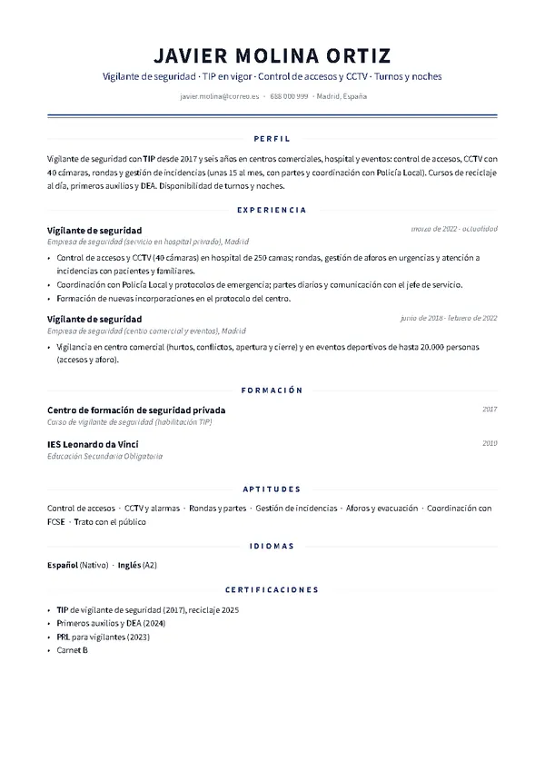 Ejemplo de currículum de vigilante de seguridad con la plantilla Clásica