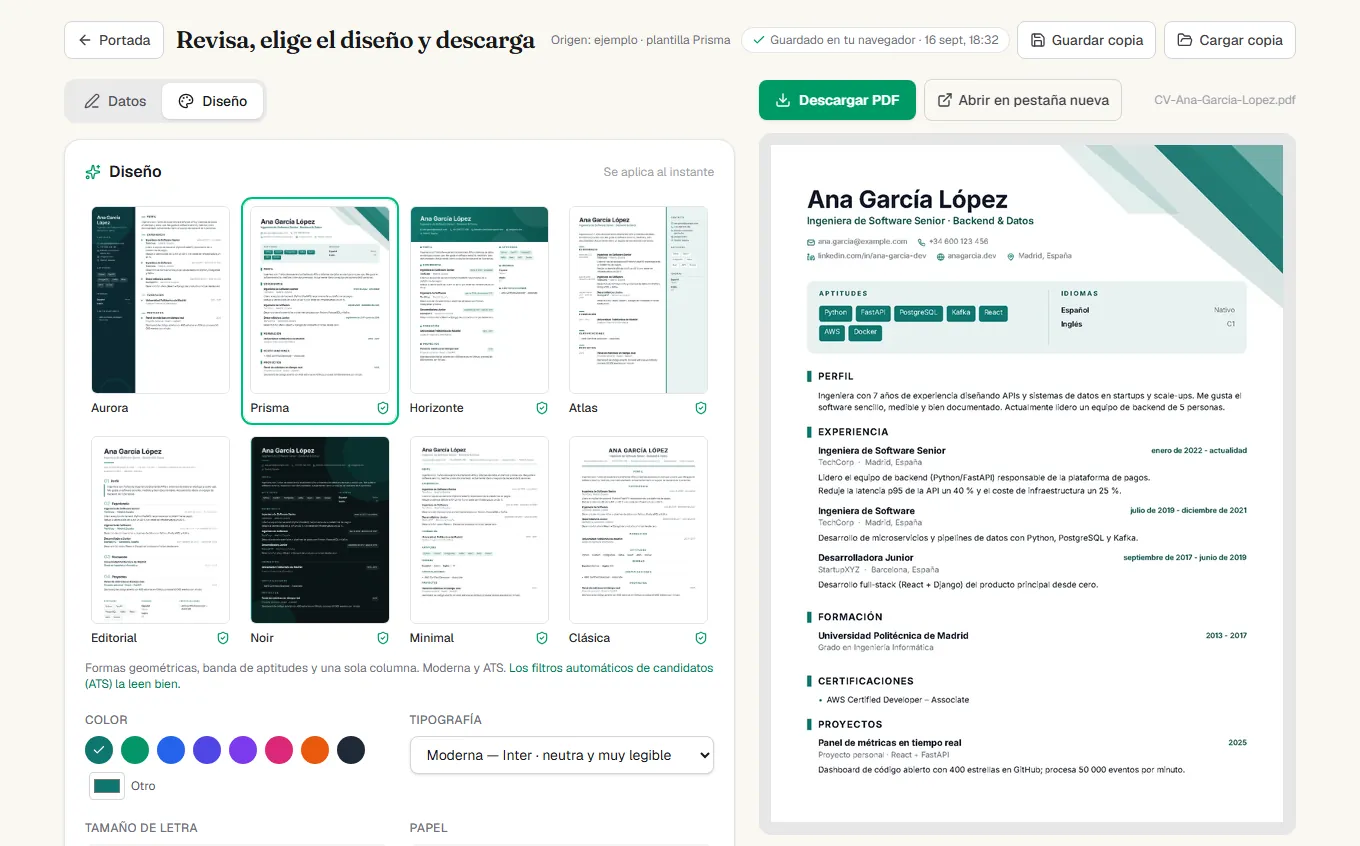 El editor de CVSinTrampas: a la izquierda las plantillas, el color, la tipografía y el tamaño de letra; a la derecha el PDF actualizándose al instante.