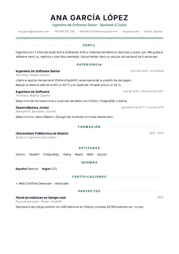 Clásica: Cabecera centrada, doble filete y títulos entre líneas. El CV de siempre, bien hecho.