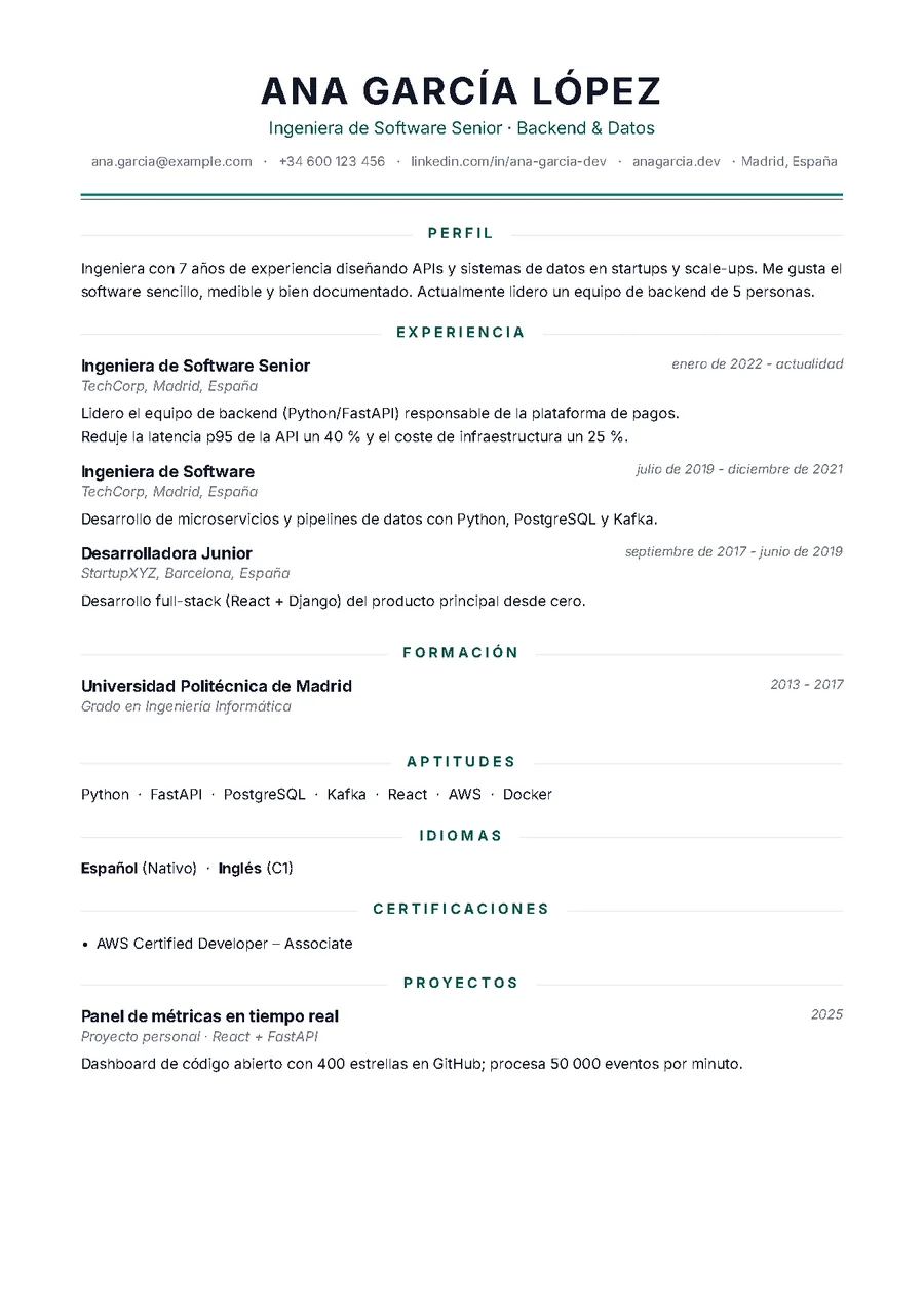 Clásica: Cabecera centrada, doble filete y títulos entre líneas. El CV de siempre, bien hecho.