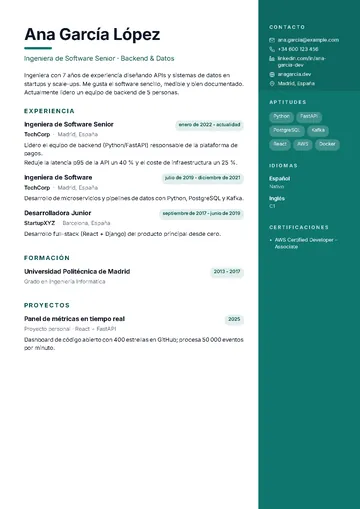 Lateral: Banda de color a la derecha con foto, aptitudes en cápsulas e idiomas; fechas en píldoras.