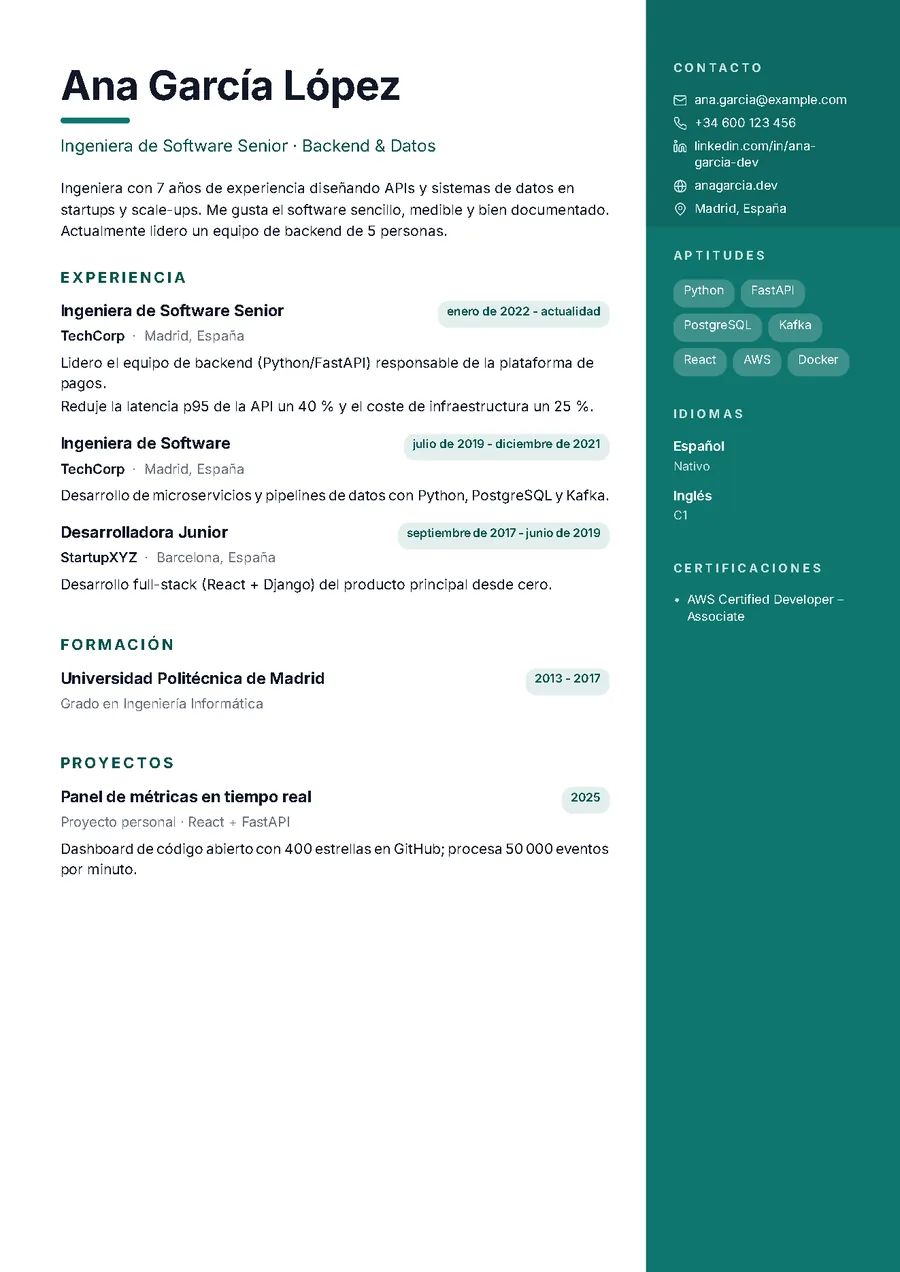 Lateral: Banda de color a la derecha con foto, aptitudes en cápsulas e idiomas; fechas en píldoras.