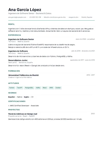 Minimal: Una columna, sobria y sin foto. La más segura para ATS.