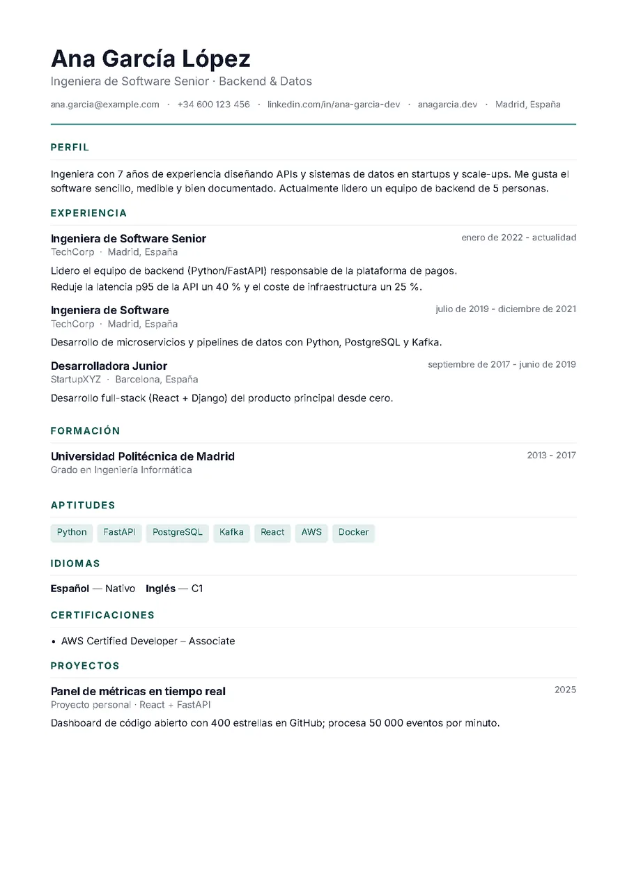 Minimal: Una columna, sobria y sin foto. La más segura para ATS.
